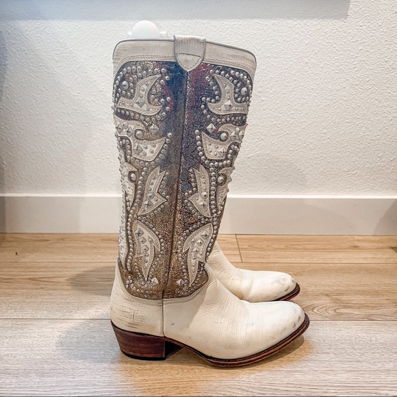 Frye Leather Deborah Deco Tall in White/Gold/Brown - Picture 4 of 13